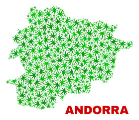 Vector cannabis Andorra map mosaic. Template with green weed leaves for cannabis legalize campaign. Vector Andorra map is organized from cannabis leaves.