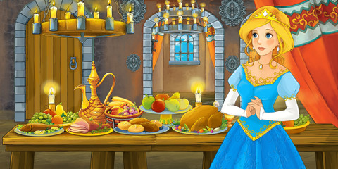 Cartoon fairy tale scene with princess by the table full of food - illustration for children