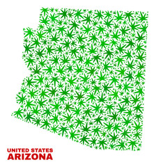 Vector marijuana Arizona State map mosaic. Concept with green weed leaves for marijuana legalize campaign. Vector Arizona State map is composed from marijuana leaves.