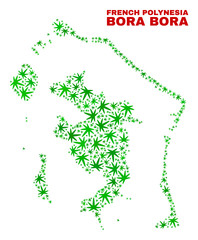 Vector marijuana Bora-Bora map mosaic. Template with green weed leaves for weed legalize campaign. Vector Bora-Bora map is composed of weed leaves.