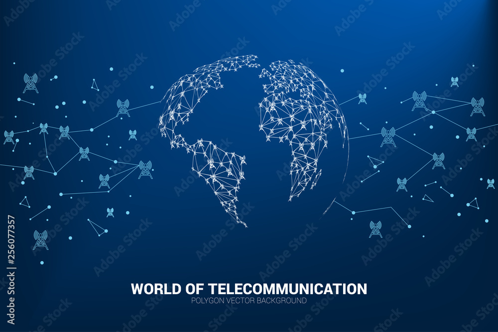 Poster Vector Polygon antenna tower icon connect line to world map shape. Concept for international telecom service and network.