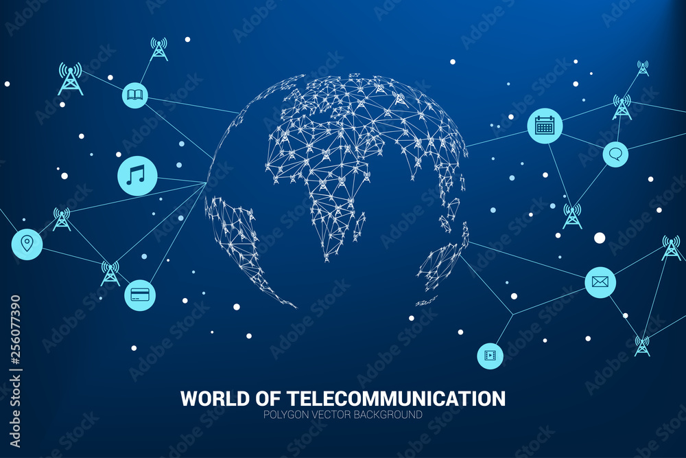 Poster Vector Polygon antenna tower icon connect line to world map shape. Concept for international telecom service and network.