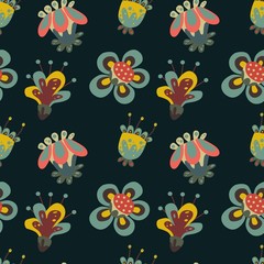 Dark fantasy flowers pattern on black background
