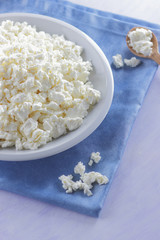 Cottage cheese on blue napkin. Cheese on white plate with wooden spoon. Soft cheese for diet. Healthy dairy product for breakfast