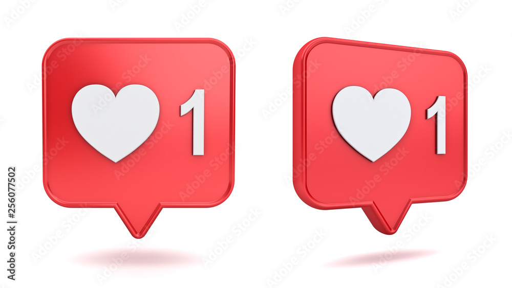 Poster 3d red social media notification love like heart in red rounded square pin icon isolated on white background with shadow 3D rendering