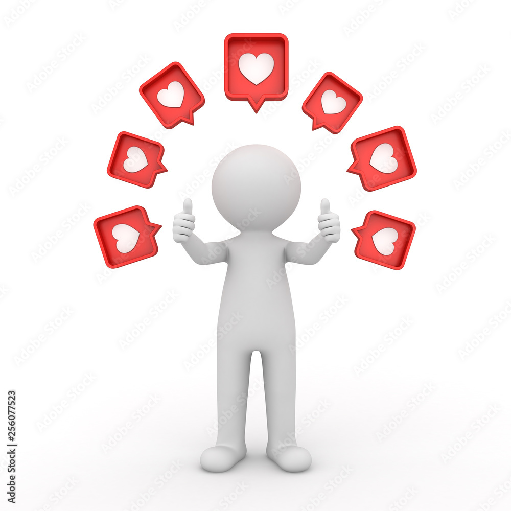 Leinwandbilder 3d man standing and doing like thumbs up hand with many social media notification love like heart ic