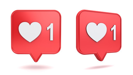 3d red social media notification love like heart in red rounded square pin icon isolated on white background with shadow 3D rendering