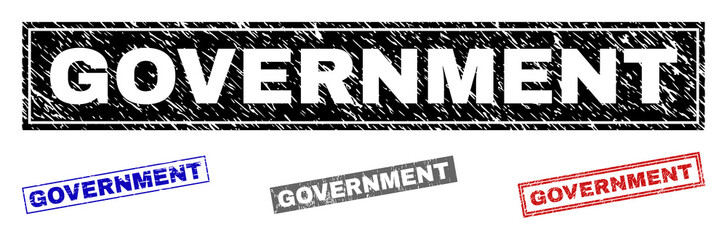 Grunge GOVERNMENT rectangle stamp seals isolated on a white background. Rectangular seals with grunge texture in red, blue, black and gray colors.