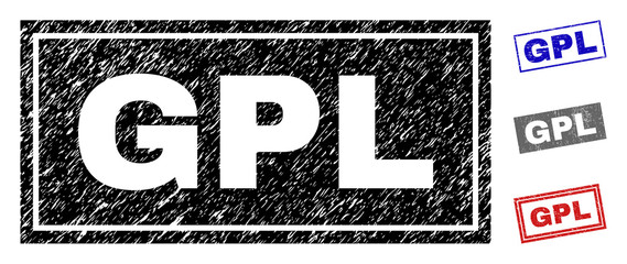 Grunge GPL rectangle stamp seals isolated on a white background. Rectangular seals with distress texture in red, blue, black and grey colors.