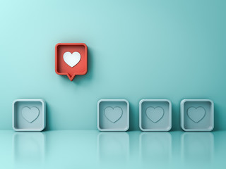 Stand out from the crowd and different creative idea concepts One red 3d social media notification love like heart pin icon pop up from others on light green pastel color wall background 3D rendering