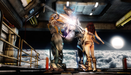hot young woman commanding to giant battle robot in spacecraft dock