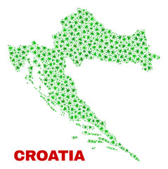 Obraz premium Vector marijuana Croatia map mosaic. Template with green weed leaves for cannabis legalize campaign. Vector Croatia map is created with marijuana leaves.