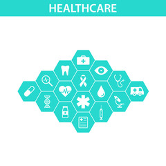 Healthcare concept. Abstract hexagons shape medicine and science background with icons for medical, health, strategy, care, medicine, health, cross, dna, poster, web banner. Vector illustration.