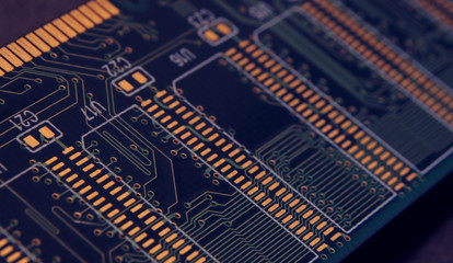 Close up of Electronic Circuits in Technology on Mainboard, system board or mobo. Computer motherboard, electronic components on circuits board, printed electronic board PCB