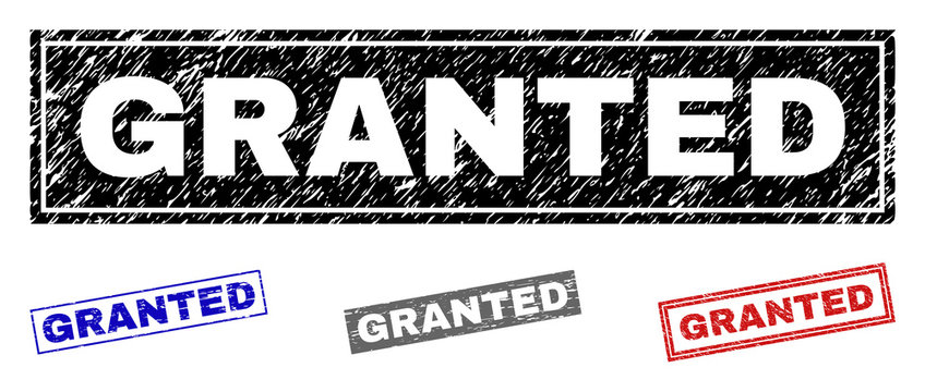Grunge GRANTED rectangle stamp seals isolated on a white background. Rectangular seals with grunge texture in red, blue, black and grey colors.