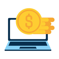 laptop screen with dollar coins icons