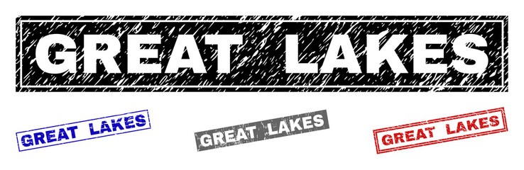 Grunge GREAT LAKES rectangle stamp seals isolated on a white background. Rectangular seals with distress texture in red, blue, black and grey colors.