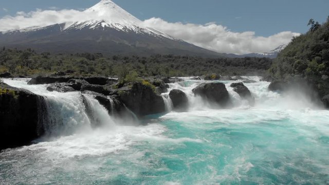 Aerial view of the Cascades in Petrohue at the slopes of the volcano Osorno, Chile. 4k
