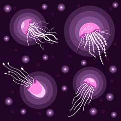 Glowing pink jellyfish. Sea jellyfish in the water. Cute bright vector jellyfish. Sea set. On a purple background