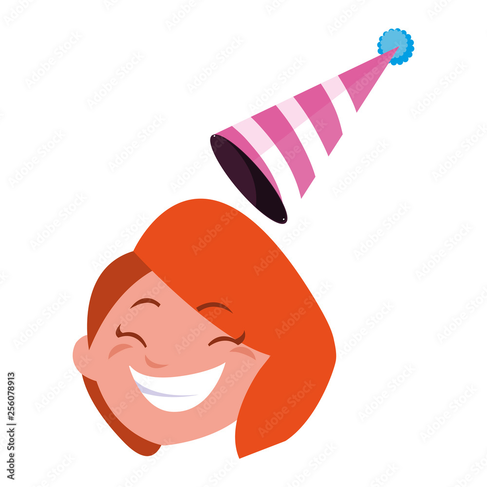 Sticker cute happy girl head with birthday hat