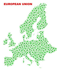Vector marijuana European Union map mosaic. Concept with green weed leaves for weed legalize campaign. Vector European Union map is constructed with weed leaves.
