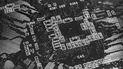 Close up of Electronic Circuits in Technology on Mainboard, system board or mobo. Computer motherboard, electronic components on circuits board, printed electronic board PCB