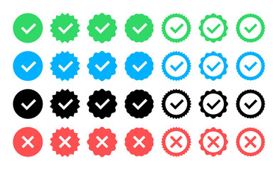 Green check mark and red cross icon set. Circle and square. Tick symbol in green color, vector illustration.