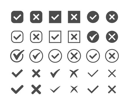 Green Check Mark And Red Cross Icon Set. Circle And Square. Tick Symbol In Green Color, Vector Illustration.