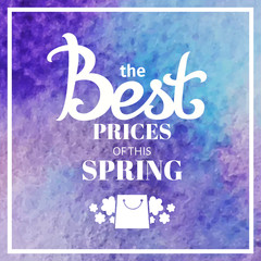 Naklejka premium Spring sale blur background with lettering the best prices of this spring. Vector illustration watercolor template blue color.