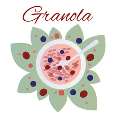Vector illustration. Granola, muesli, flakes with nuts and fruits in a plate. Flat art style. Healthy breakfast. On the background of leaves