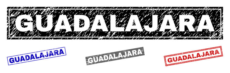 Grunge GUADALAJARA rectangle stamp seals isolated on a white background. Rectangular seals with grunge texture in red, blue, black and grey colors.