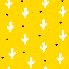 Seamless pattern with cactuses and graphical elements on yellow background. Vector mexican banner.