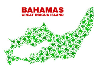 Vector cannabis Great Inagua Island map collage. Template with green weed leaves for weed legalize campaign. Vector Great Inagua Island map is organized with weed leaves.