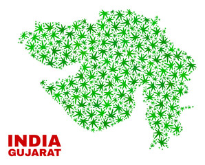 Vector cannabis Gujarat State map mosaic. Concept with green weed leaves for cannabis legalize campaign. Vector Gujarat State map is composed with weed leaves.