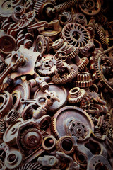 Steampunk background, machine parts, large gears and chains from machines and tractors.