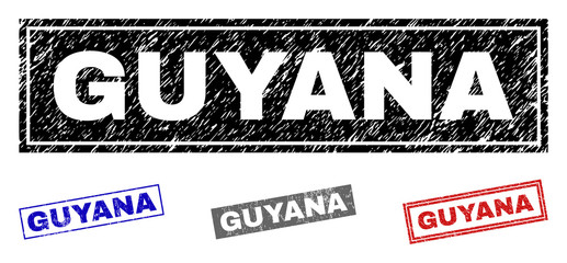 Grunge GUYANA rectangle stamp seals isolated on a white background. Rectangular seals with grunge texture in red, blue, black and grey colors.