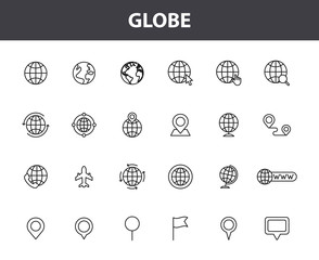 Set of 24 Globe and earth planet web icons in line style. Navigational Equipment, Planet Earth, Airplane, Map. Vector illustration.