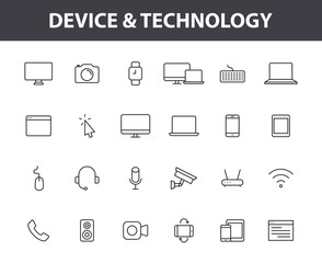 Set of 24 Device and technology web icons in line style. Computer monitor, smartphone, tablet and laptop. Vector illustration.