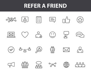 Set of 24 Refer a friend web icons in line style. Referral program, marketing, invite friends. Vector illustration.