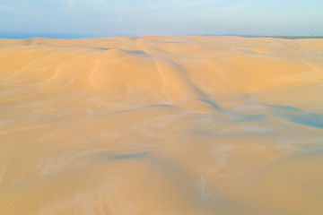 Sand dunes near the ocean at sunrise with copy space