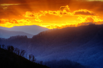 Sunset over the mountain in the Smoky Mountains.