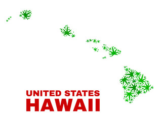 Vector marijuana Hawaii State map collage. Concept with green weed leaves for weed legalize campaign. Vector Hawaii State map is organized of marijuana leaves.