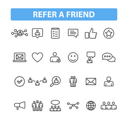 Set of 24 Refer a friend web icons in line style. Referral program, marketing, invite friends. Vector illustration.