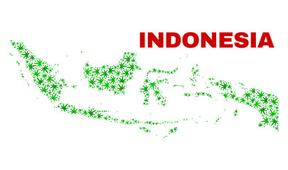 Vector cannabis Indonesia map collage. Concept with green weed leaves for cannabis legalize campaign. Vector Indonesia map is constructed with cannabis leaves.