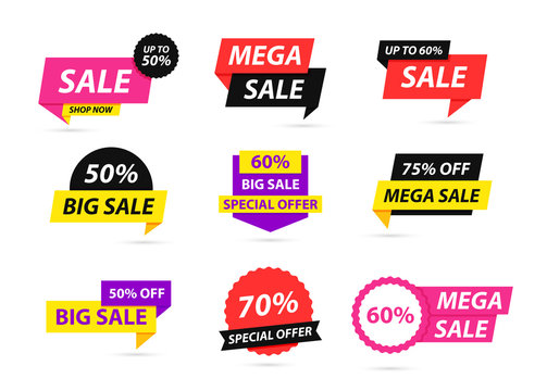 Sale tags collection. Special offer, big sale, discount, best price, mega sale banner set. Shop or online shopping. Sticker, badge, coupon, store. Vector Illustration.