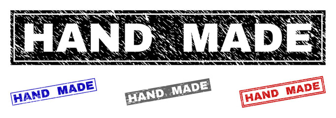 Grunge HAND MADE rectangle stamp seals isolated on a white background. Rectangular seals with grunge texture in red, blue, black and gray colors.