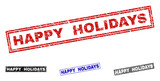 Grunge HAPPY HOLIDAYS rectangle stamp seals isolated on a white background. Rectangular seals with grunge texture in red, blue, black and grey colors.