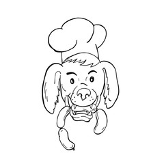 Cartoon style illustration of an Irish Setter dog wearing chef, baker or cook hat biting a sausage string viewed from front on isolated background in black and white.