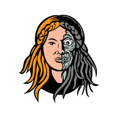 Mascot icon illustration of head of Hel, Norse goddess of death and the underworld, with face that is half flesh and half bones or skeleton viewed from front  on isolated background in retro style. - obrazy, fototapety, plakaty