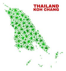 Vector marijuana Koh Chang map collage. Template with green weed leaves for weed legalize campaign. Vector Koh Chang map is constructed with marijuana leaves.